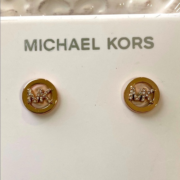 Michael Kors Rose Gold Engraved Studs Circle Earrings Classic Simple Elegant - Picture 1 of 11
